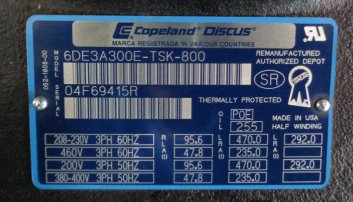 Copeland Discus Compressor 6DE3A300E-TSK-800